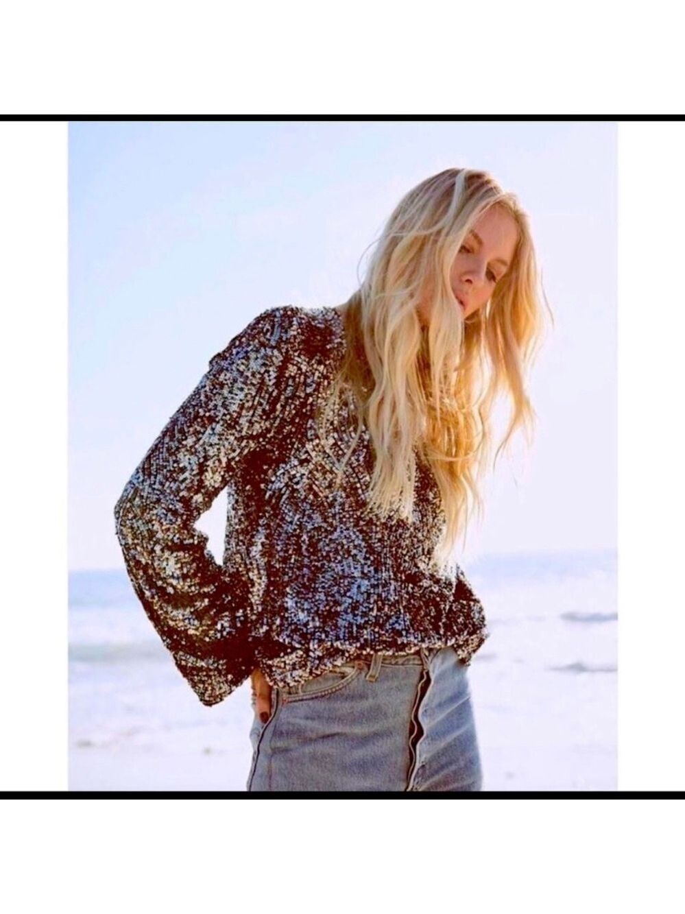 Equipment Abeline Long Bell Sleeve Sequin Top SZ S